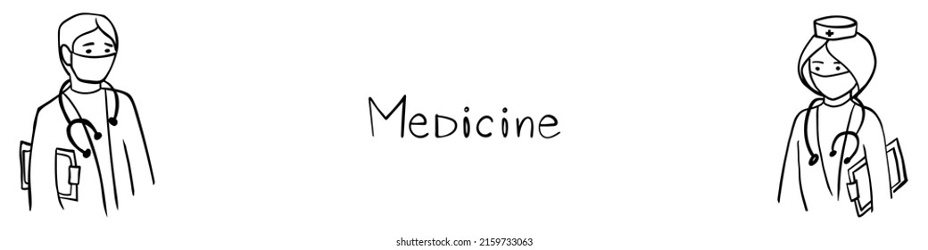 Banner Of Doctor With Stethoscope On White. Outline Vector Illustration. 