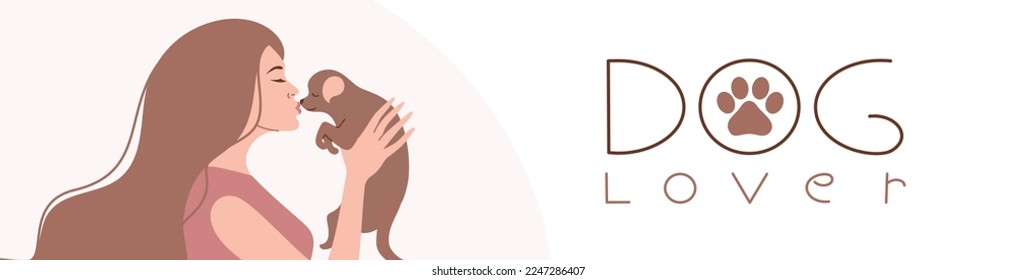 Banner with a dog lover text with a woman holding a puppy. Cute illustration with a girl and her pet. Pets quote. Love for animal. Dog digital art. Vector flat art simple minimalist illustration. 