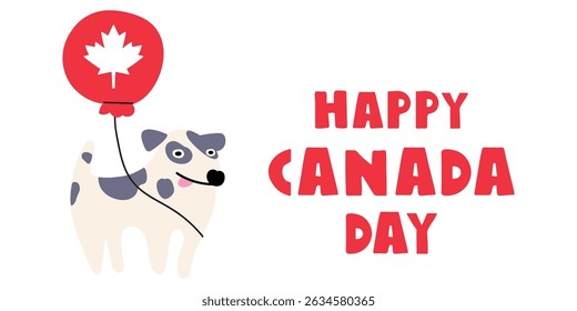 Banner. Dog and red balloon with maple leaf. Symbol of Canada. Happy Canada day. Flat vector illustration.