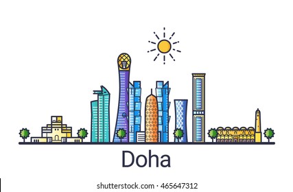 Banner of Doha city skyline in flat line trendy style. Doha city line art. All buildings separated and customizable.