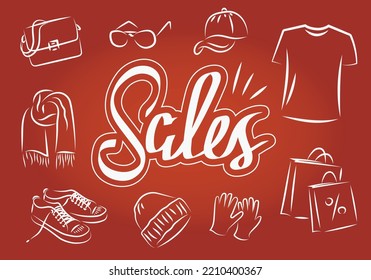 A banner drawn in a sketch style depicting clothing sales. Illustration of bag, glasses, cap, t-shirt, shopping, gloves, hat, shoes and scarf.