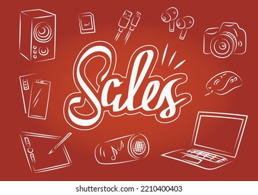 A banner drawn in a sketch style depicting sales in electronics. Illustration of a music speaker, memory card,  wireless headphones, camera,  mouse, laptop, graphic tablet and mobile phone