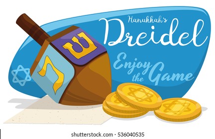 Banner with dreidel toy and some gelt coins ready to play traditional Hanukkah games.