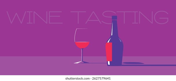 Banner festa bebida, degustação de vinhos, cartaz de design plano. Garrafa de vinho tinto, copo, álcool, feriado, pinot noir, cabernet, sauvignon