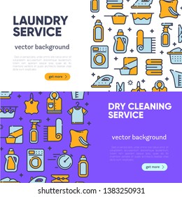 Banner for dry cleaning concept with outline icons for laundry, dry cleaning, housekeeping services. Flat vector design. Modern graphic design. Home appliance. House laundry. Laundry detergent.
