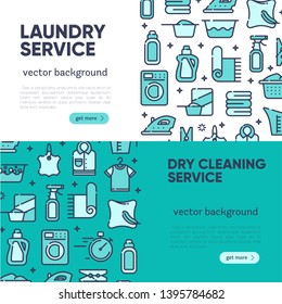 Banner for dry cleaning concept with outline icons for laundry, dry cleaning, housekeeping services. Flat vector design. Modern graphic design. Home appliance. House laundry. Laundry detergent.