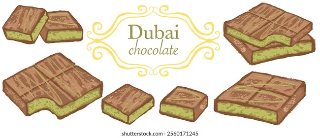 Banner with Dubai chocolate. Hand draw with texture and nice colors. 