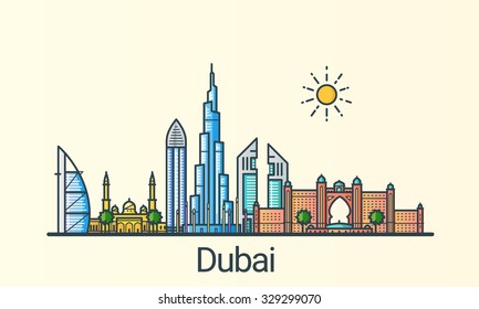 Banner da cidade de Dubai em linha plana estilo moderno. Todos os edifícios separados e personalizáveis. Arte de linha.