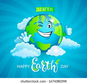 Banner for Earth Day. Smiling planet with funny emotion and thumb up. Eco friendly world.Ecology concept.Decoration for greeting cards, prints, badges, posters.Vector illustration.