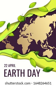 Banner for Earth Day, World Environment Day with layers of cut paper and fresh green leaves. Ecology, environment safety concept. A4 Vector illustration for poster, banner, card, cover, flyer.