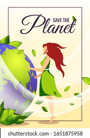 Banner for Earth Day, World Environment Day with woman, globe and fresh green leaves. Ecology, environment safety concept. A4 Vector illustration for poster, banner, card, placard, cover, flyer.