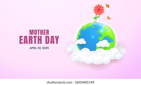 Banner of Earth decorated with vibrant flowers, clouds, and butterflies symbolizing harmony, nature, and conservation ideals for Mother Earth Day, emphasizing eco friendly themes and planetary love.