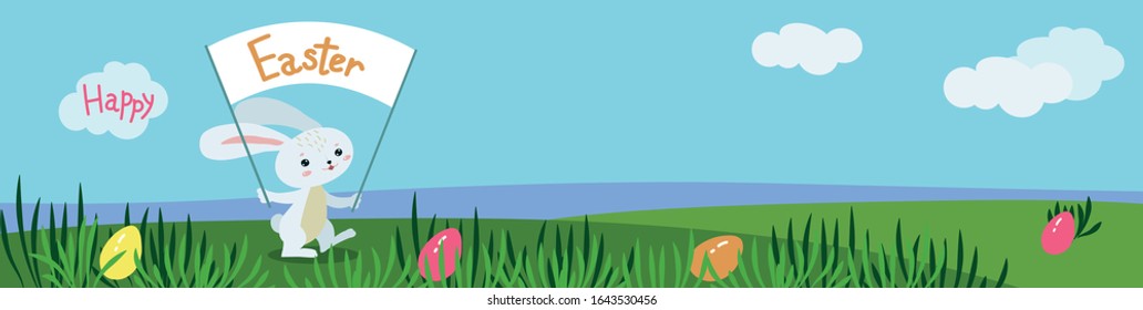 Banner with easter bunny and eggs in the grass.