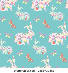 Banner of Easter bunny, hand drawn flat design Happy Easter flowers, eggs and butterflies, in pastel colors style. Vector illustration on turquoise modern background with copy space