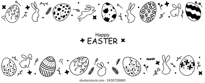 Banner para decoración de Pascua. Siluetas en blanco y negro de conejitos de Pascua y huevos en estilo vintage con elementos florales con inscripción en el centro de la Feliz Pascua.