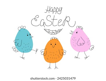 Banner, Easter design. Set Colorful chickens, Easter eggs. Calligraphy inscription, doodle. Cartoon funny chicks. Hand drawn linear icons. Pets, Animals. Vector illustration, isolated objects.