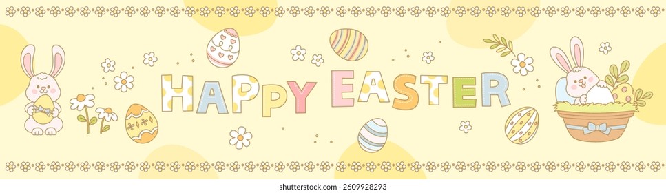 a banner with Easter egg baskets and rabbits on it