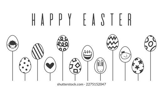Cartel con huevos de pascua en palos o crecer. Símbolos de vacaciones de primavera colección en blanco y negro. Conejo, cordero, pollo, cesta de caza, flores abstracto gráfico plano moderno.