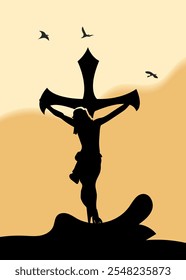 Banner for Easter or good Friday - a silhouette of a cross with crucified Jesus Christ at sunset. Landscape on religious theme with mount Calvary