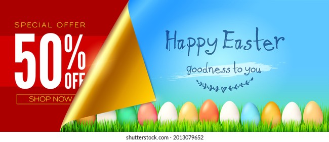 Banner for Easter sale. Easter eggs in green grass. Handwritten greeting text on blue sky background. Vector 3d illustration.