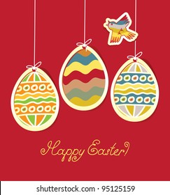 Banner for Easter with three colored eggs and flying bird