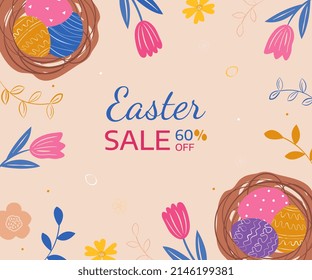 Banner for Easter. Vector illustration with an inscription and nests with eggs, flowers.