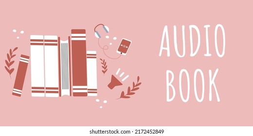 Cartel de un sitio web de libros electrónicos. Ilustración vectorial de libros en formato audio.