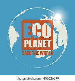 Banner Eco planet with sun rays and planet earth