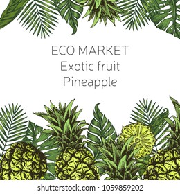 Banner  for eco store with a vector illustration of pineapples and palm leaves.