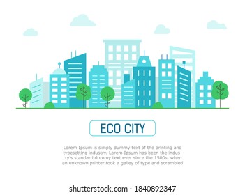 Banner with an ecological green city. Panorama green city in flat style. Urban landscape. Vector illustration.