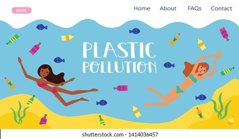 Banner ecological problem ocean plastic pollution. African and American girls swim in sea full of garbage and plastic. Website landing page. For web, template, invitation, card, poster. Vector