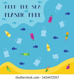 Banner ecological problem ocean pollution. Sea full of garbage. Keep the sea plastic free. Plastic pollution. For web, template, invitation, card, poster. Doodle flat Vector illustration.