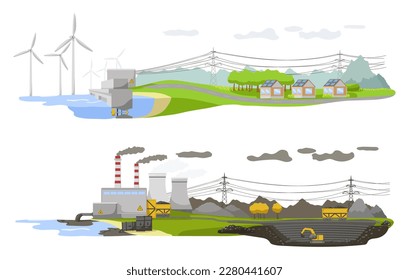 Bannerökologie-Tag. Früher nach alternativen Energie Natur Leben auf dem Planeten. Unterschiedliche Umweltverschmutzung. Erneuerbare Stromerzeugung aus Windkraft. Ökologisches Landschaftsposter. Vektorgrafik