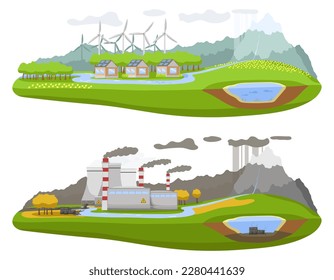 Banner ecology day. Before after alternative energy nature life on planet. Different pollution in environment. Renewable wind power generation. Ecological concept landscape poster. Vector illustration