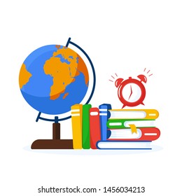 Banner with education supplies. Back to school. Stack of books, globe and wake up clock. School desk. Vector illustration in flat style.
