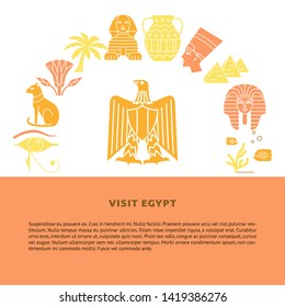 Banner with Egypt icons in flat style. National symbols including eagle emblem, pharaoh, Sphinx. Vector illustration with place for text.