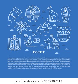 Banner with Egypt symbols in line style and place for text. National symbols including pharaoh, Nefertiti and pyramids. Vector illustration.