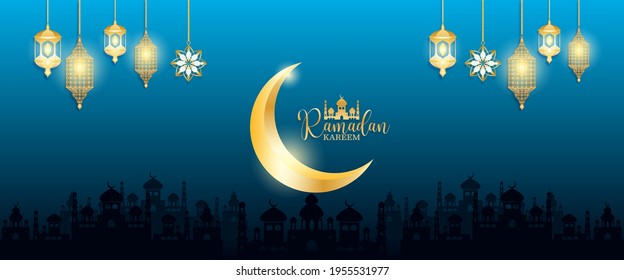 Banner Eid Mubarak Grußkarte Illustration, Ramadan Hareem Vektorgrafik Wünschen für islamische Festival Papier schneiden islamische Laternen und Mond auf Golden.