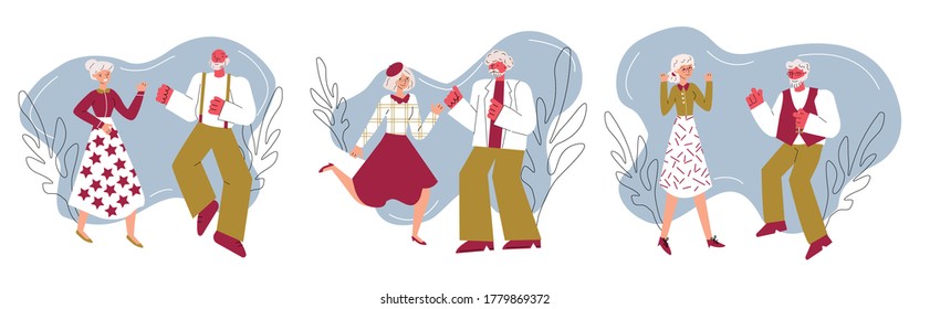 Banner with elderly people characters dancing at party, sketch cartoon vector illustration isolated on white background. Senior men and women in retirement age leisure.