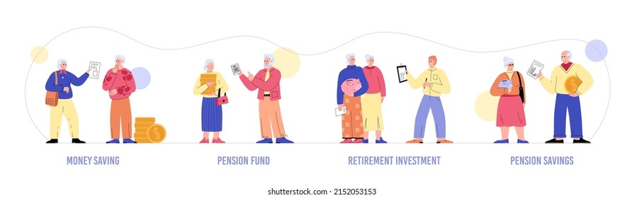 Banner with elderly senior people saving money for retirement investments and pension funds, flat cartoon vector illustration isolated on white background.