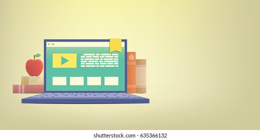 Banner e-learning with laptop, learning through an online network. with many book background illustration vector. Education concept.