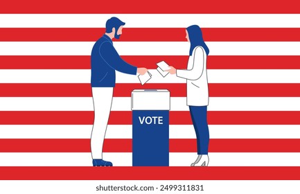 Banner elections, vote 2024. Man and woman throwing a marked ballot into the ballot box. USA. Vector flat illustration