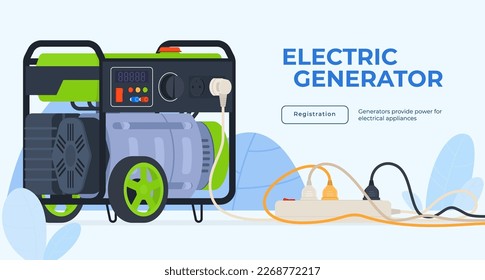 Panner Generadores eléctricos para el suministro actual. Fuente de alimentación portátil para el funcionamiento de aparatos eléctricos. Funcionamiento cuando se apaga la luz. Ilustración del vector