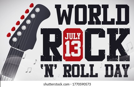 Banner with electric guitar's head and music notes around it, promoting World Rock 'n' Roll Day in July 13.