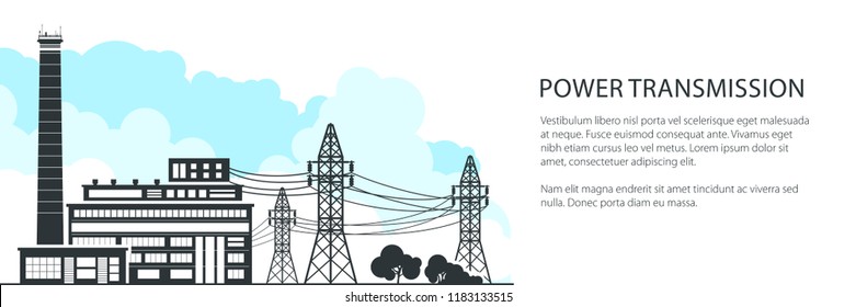 Banner of Electric Power Transmission, Power Station and High Voltage Power Lines Supplies Electricity to City, Vector Illustration