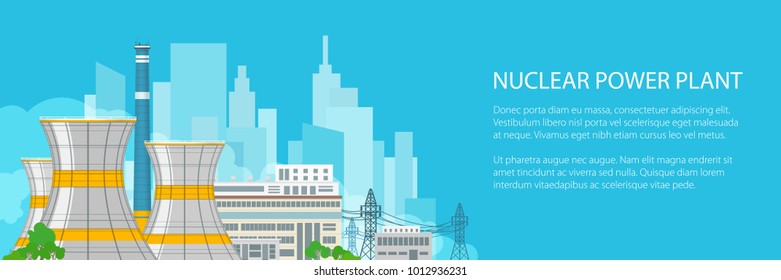 Banner of Electric Transmission from a Nuclear Power Plant, Thermal Power Station on the Background of the City and Text, Vector Illustration