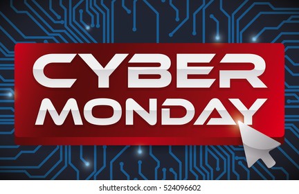 Banner with electronic circuit design for background and a red button promoting Cyber Monday sales with a glossy silver pointer.