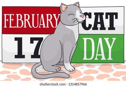 Banner with a elegant cat sit in a heart shaped floor, waiting patiently the Cat Day celebration this 17th February.