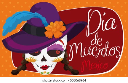 Banner with elegant catrina wearing a fancy hat with marigold and feather for Mexican "Dia de Muertos" (translate from Spanish: "Day of the Dead") celebration with dotted background.