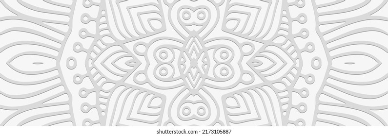 Pancarta, elegante diseño de la cubierta. Patrón de garabatos 3d de etnia emboscada sobre un fondo blanco de estilo vintage. Ornamentos tribales de Oriente, Asia, India, México, Aztecas, Perú para folletos, folletos y volantes.
